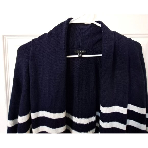 Talbots  M Navy White Raglan Sleeve Open Front Cardigan Striped Cashmere Blend - Picture 4 of 10